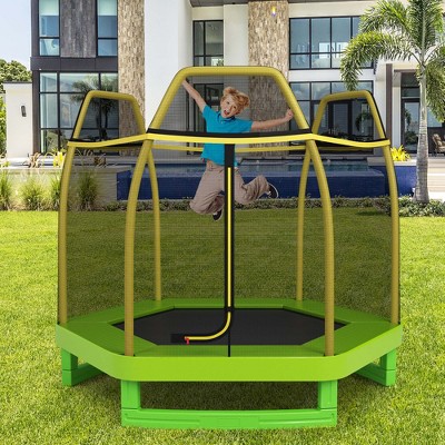 Costway Brandclub Costway 7 FT Kids Trampoline with Safety Enclosure Net Spring Pad Indoor Outdoor Heavy Duty Yellow