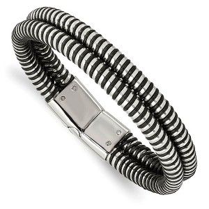 Black Bow Jewelry Men's Polished Stainless Steel and Black Leather Bangle Bracelet - 1 of 4