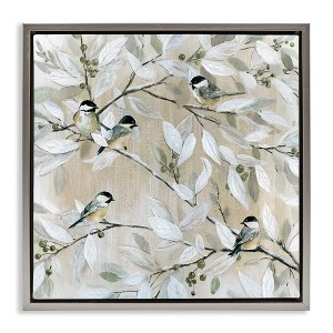 Stupell Industries Chickadee Birds on Branches Floating Frame Canvas Art, Gray, 18" x 18" - 1 of 4