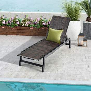 Costway Patio Galvanized Steel Chaise Lounge with Wheels Outdoor PE Rattan Recliner Chair