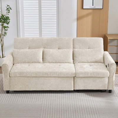 2-in-1 Sofa Bed with Reversible Recliner, 3 Seat Sleeper Sofa with Adjustable Backrest, Chenille Sofa with USB Ports for Living Room-Coolbibila