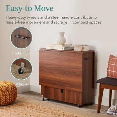 Brown Multipurpose Folding Table with Wheels and Storage Shelves