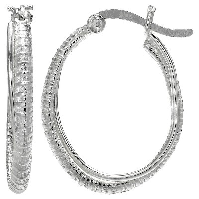 Women's Click Top Textured Oval Hoop Earring in Sterling Silver - Silver (30mm)
