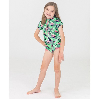 RuffleButts Toddler Girls Short Sleeve UPF50+ One Piece Rash Guard - Flamingo Frenzy, 4T — фото 3