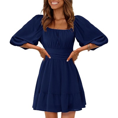 EXLURA Women's Lantern Sleeve Tie Back Summer Dress Ruffled Off Shoulder A-Line Vintage Mini Dress