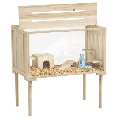 PawHut Wooden Hamster Cage with Legs, Gerbil Cage with Seesaw, Hut, Water Bottle & Food Dish, Hamster Habitat for Syrian, Dwarf, Mouse, Nature Wood