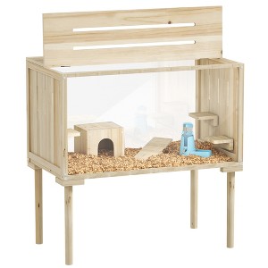 PawHut Wooden Hamster Cage with Legs, Gerbil Cage with Seesaw, Hut, Water Bottle & Food Dish, Hamster Habitat for Syrian, Dwarf, Mouse, Nature Wood - 1 of 4