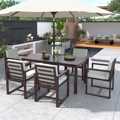 7-Piece Outdoor Dining Set, Dining Table with Umbrella Hole, Dining Armrest Chairs with Acacia Wood Frame and Foam Cushions–Cuddlewood