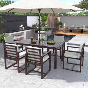 7-Piece Outdoor Dining Set, Dining Table with Umbrella Hole, Dining Armrest Chairs with Acacia Wood Frame and Foam Cushions–Cuddlewood - 1 of 4