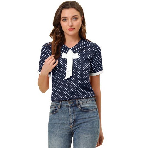 Allegra K Women's Polka Dots Flat Collar Contrast Tie Neck Short Sleeve  Blouses Dark Blue X-Small