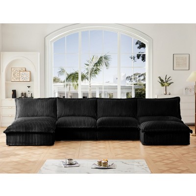 Upholstered Sectional Sofa, 4 Seater Armless Sectional Sofa with Reversible Ottoman, Sectional Sofas with Corduroy Fabric-Cuddlewood