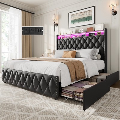 Queen Bed Frame with 50.8" Tall Headboard, Platform Velvet Upholstered Bed Frame with 4 Storage Drawers, USB Charging Station, Led Lights, Beige