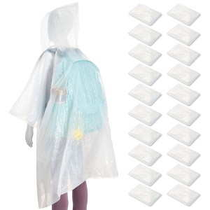 Blue Panda 20-Pack Disposable Rain Ponchos for Kids - Emergency Plastic Raincoats with Hood for Boys and Girls (White) - 1 of 4