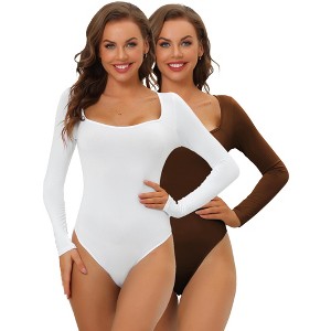 Allegra K Women's Long Sleeve Slim Fit Stretchy 2 Packs Square Neck Adult Bodysuits - 1 of 4