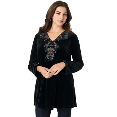 Roaman's Women's Plus Size Embroidered Velour Blouse