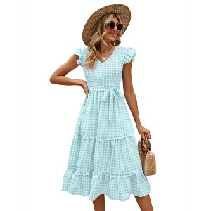 Women's Summer Casual Dresses Cap Ruffle Sleeveless V Neck Smocked Flowy Beach Sundress Belted Tiered Boho Maxi Dress - 1 of 4