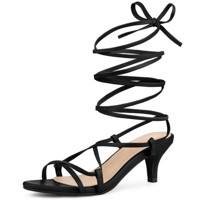 Allegra K Women's Faux Leather Open Toe Strappy Lace Up Kitten Heels Sandals