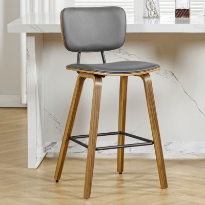 Bekrvio 26" Counter Height Bar Stools - PU Leather Upholstered with Backs, Bent Wood Legs, Mid Century Modern Counter Stools for Kitchen Island