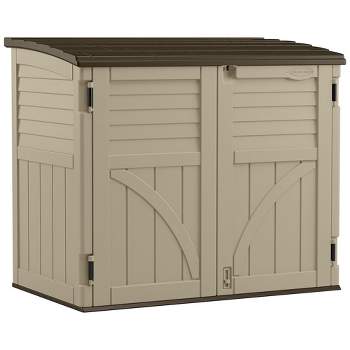 Suncast 34-Cubic Feet Durable All-Weather UV-Resistant Lockable Horizontal Compact Storage Shed for Garden, Backyard, Patio, and Pool Supplies, Brown