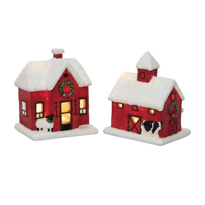 Transpac Resin Light Up Barn and Church Set of 2 Decorative Sculptures for Christmas Tabletop Decor Multicolor Battery Operated Prelit Indoor Use Gift