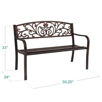 Bronze Floral Design Outdoor Steel Bench with Slatted Seat