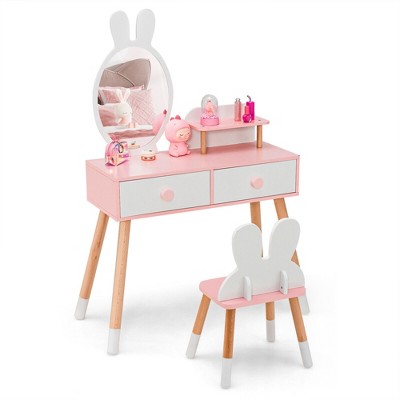 Tangkula Kid Vanity Set Makeup Table Stool with Drawer Shelf Wood Leg Rabbit Mirror