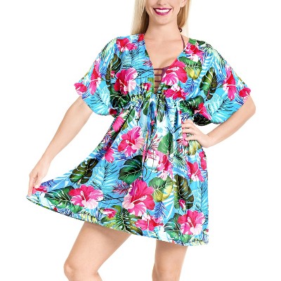 LA LEELA Women's Beachwear Summer Mini Tropical Dress Swimsuit Coverups for Women V Neck Tops Swim Beach Swimwear Women XL-XXL Multicolored, Floral