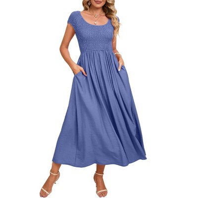 Women's Maternity Dress Casual Summer Round Neck Short Sleeve Smocked High Waist Maxi Dress with Pockets