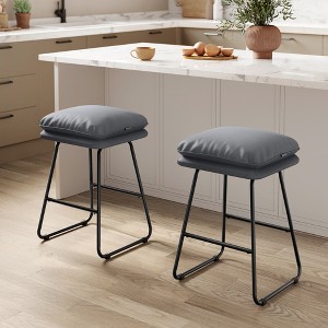 Set of 2 Bar Stools with Padded Seat & Sled Base, Counter Height Stools in Synthetic Leather, Steel Frame, Slate Gray, 25.6" Height - 1 of 4