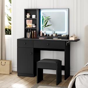 Whizmax Vanity Desk, Makeup Vanity with Adjustable LED Lighted Mirror, Vanity Table with Drawers, Cabinet, Shelf and Stool - 1 of 4