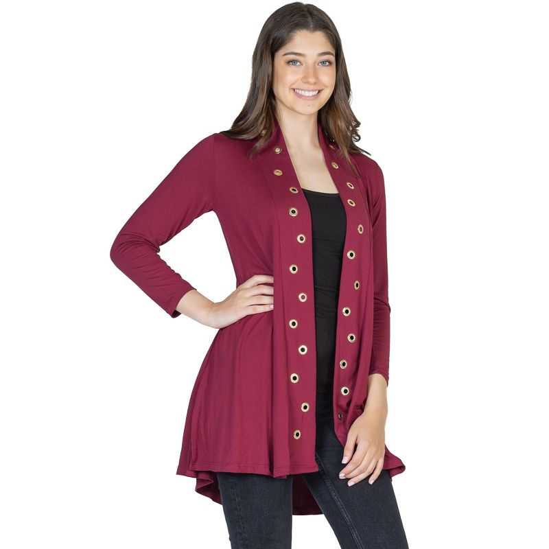 24seven Comfort Apparel Womens Long Sleeve Mid Thigh Open Front Cardigan with Grommet Details, 2 of 5