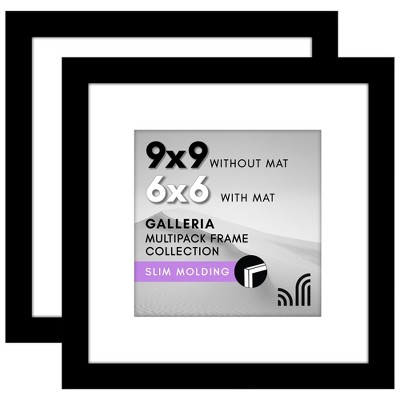 Americanflat 9x9 Picture Frame with Polished Plexiglass - Set of 2 - 6x6 with Mat or 9x9 Without Mat - Galleria - Square Frames - Black