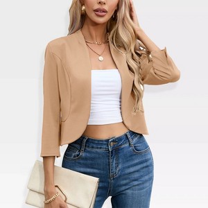 Womens 3/4 Sleeve Blazer Jacket Open Front Cropped Business Blazer Figure Flattering Jacket Pelplum Jackets - 1 of 4