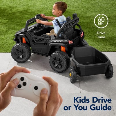 Kids Black 12V Electric Ride-On Car with Trailer and Remote Control