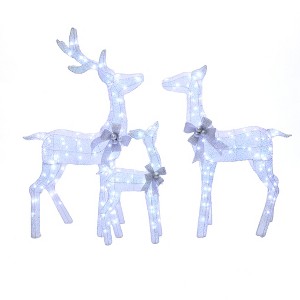 LuxenHome Set of 3 Lighted White Deer with Silver Bows, Indoor Outdoor Christmas Decoration White, Silver - 1 of 4