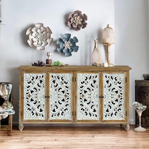 Sideboard Buffet Cabinet with 4 Doors, Farmhouse Accent Cabinet with Storage, Modern Credenza Storage with Wood Carved Floral Doors for Kitchen - 1 of 4