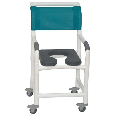 MJM International Corporation Shower Chair 18 In Width 3 In Total Locking Casters Palm Island Front Seat Teal Designer Mesh Backrest Sling 300 Lbs Wt