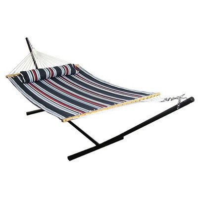 Sunnydaze 2-Person Heavy-Duty Quilted Double Hammock with Steel Stand for Backyard and Patio - 350 lb Weight Capacity/12' Stand - Nautical Stripe