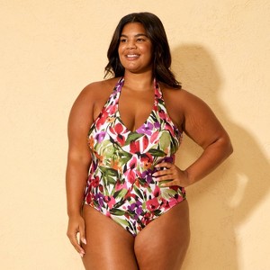 Women's Floral Print High Shine Halter Plunge Medium Coverage One Piece Swimsuit - Shade & Shore™ Multi - 1 of 4