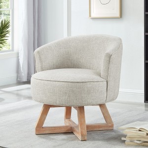 Linen Upholstered Swivel Lounge Chair with 360° Rotation and Solid Wood Cross Base, Classic Curved Back Accent Chair - 1 of 4