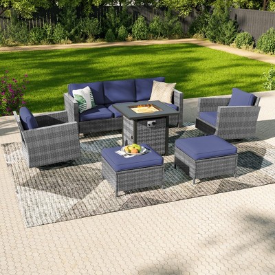 Sonkuki 6-Piece Patio Sofa with Square Fire Pit Table and Swivel Rocking Chairs, Conversation Couch with Cushion