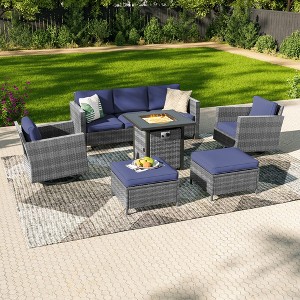 Sonkuki 6-Piece Patio Sofa with Square Fire Pit Table and Swivel Rocking Chairs, Conversation Couch with Cushion - 1 of 4