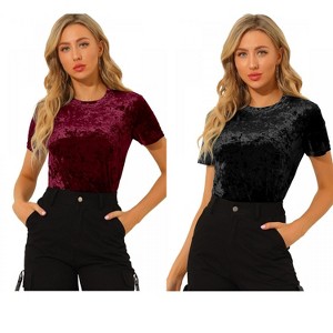 INSPIRE CHIC Women's Velvet Crew Neck Short Sleeve Casual Blouse 2 Packs - 1 of 4