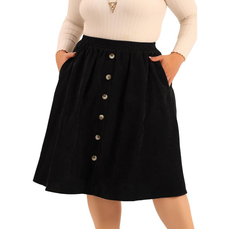 Agnes Orinda Women's Plus Size Elastic High Waist Button Front Pockets Midi Corduroy A Line Skirts, 1 of 6
