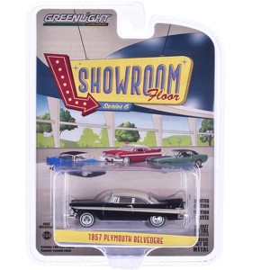 1957 Plymouth Belvedere Jet Black w/Sand Dune White Top & Stripes "Showroom Floor" Series 6 1/64 Diecast Model Car by Greenlight - 1 of 1