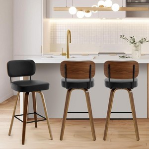 Bekrvio 26"/29" Mid-Century Modern Swivel Bar Stools Set of 1/2/3/4- Faux Leather Upholstered with Back and Bent Wood Legs,Ideal for Kitchen Island - 1 of 4