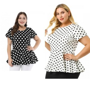 Women's Plus Size 2 Pieces Polka Dots Crew Neck Short Sleeves Summer Peplum Blouses - Agnes Orinda - 1 of 4