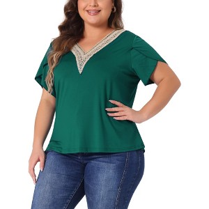 Agnes Orinda Women's Plus Size Lace V Neck Short Sleeve Casual Tunics Basic T-Shirts - 1 of 4