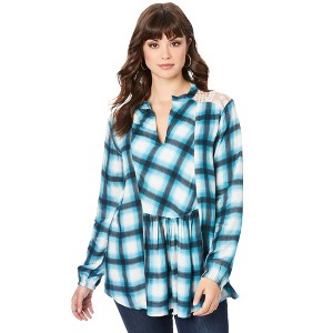 Roaman's Women's Plus Size Lace-Back Plaid Big Shirt - 1 of 4