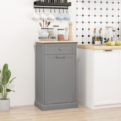 Gray Oak Kitchen Tilt Out Trash Bin Cabinet with Drawer